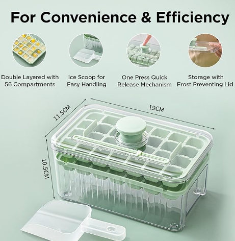 Press-Type Ice Cube Tray with Lid and Bin - 2-Layer Easy-Release Silicone Ice Mold Bucket, Portable Ice Maker with Handle, Scoop & Tongs for Freezer, Chilled Drinks, Cocktails & Whiskey - 16x15cm