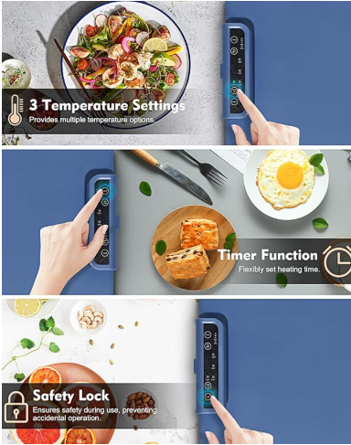 Silicone Heating Mat for Food - Roll Up Portable Electric Warming Tray with 3 Temperature Settings, Timer Function and Safety Lock, Food Warmers for Parties, Buffets Party, Travel, Daily Lives