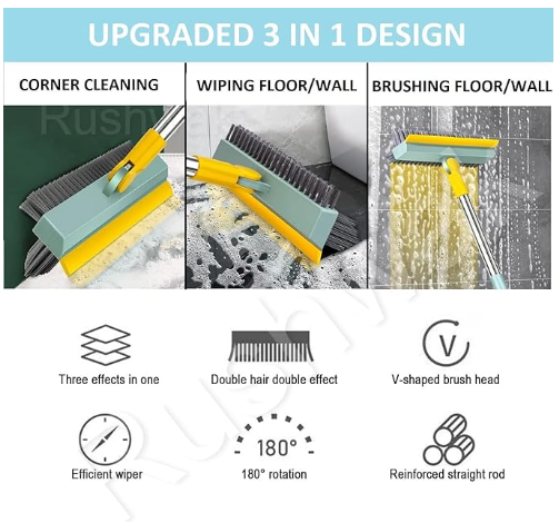 3 in 1 Long Handle Bathroom Cleaning Brush with Wiper, 180° Rotate for Floor/Toilet Cleaning (Multicolor) image 3