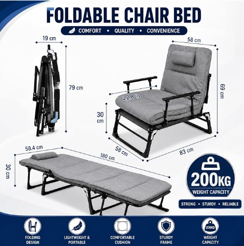 Hukimoyo Folding Bed Single for Sleeping 6 in 1 Adults Foldable Portable Camping Cot with Adjustable Reclining Backrest Lounge Chair Recliner for Home Office Travel Balcony and Outdoor Use (200 kg)