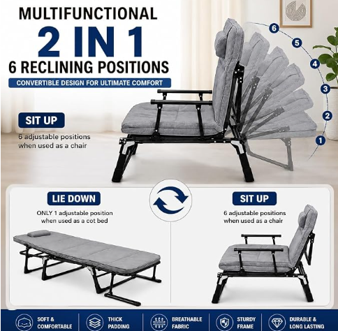 Hukimoyo Folding Bed Single for Sleeping 6 in 1 Adults Foldable Portable Camping Cot with Adjustable Reclining Backrest Lounge Chair Recliner for Home Office Travel Balcony and Outdoor Use (200 kg) image 2