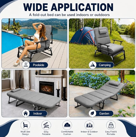 Hukimoyo Folding Bed Single for Sleeping 6 in 1 Adults Foldable Portable Camping Cot with Adjustable Reclining Backrest Lounge Chair Recliner for Home Office Travel Balcony and Outdoor Use (200 kg) image 3