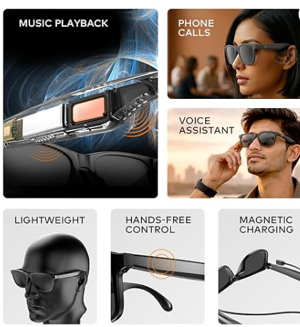 Smart Glasses for Men, Women| Open-Ear Audio with Smart Directional Speakers | Bluetooth v5.4 | Touch Control for Music, Calls & Voice Assistant | Up to 5 Hours Playtime| Magnetic Charging image 2