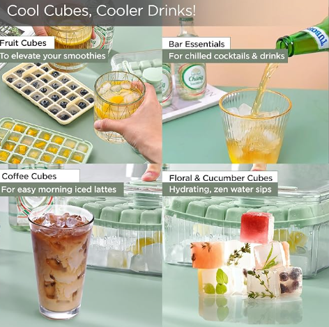 Press-Type Ice Cube Tray with Lid and Bin - 2-Layer Easy-Release Silicone Ice Mold Bucket, Portable Ice Maker with Handle, Scoop & Tongs for Freezer, Chilled Drinks, Cocktails & Whiskey - 16x15cm image 2