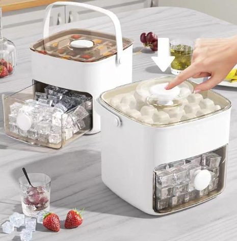 Press-Type Ice Cube Tray with Lid and Bin - 2-Layer Easy-Release Silicone Ice Mold Bucket, Portable Ice Maker with Handle, Scoop & Tongs for Freezer, Chilled Drinks, Cocktails & Whiskey - 16x15cm image 3